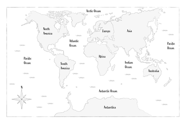Vektor kontinente und ozeane weltkarte handgezeichnet