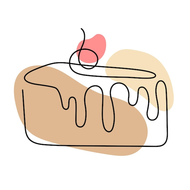 Kontinuierlich eine linie kuchen mit beeren. linearer stil und handgezeichnetes logo. café- und bäckereikonzept. vektorillustration lokalisiert auf weißem hintergrund.