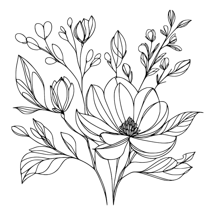 Vektor kontinuierliche blüte mit isolierten blättern auf weißem hintergrund handgezeichnete blumenillustration