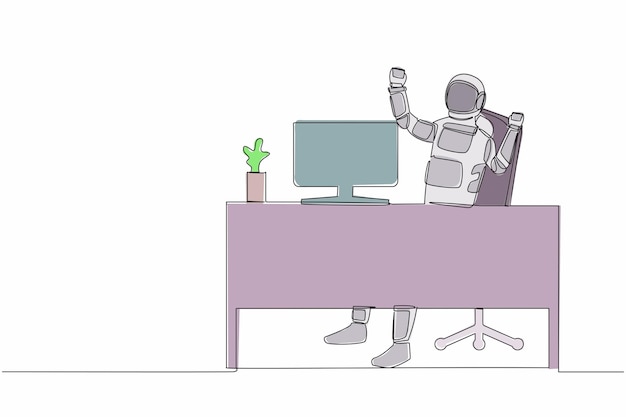Kontinuierliche Ein-Linien-Zeichnung eines glücklichen Astronauten, der mit erhobenen Händen am Arbeitsplatz sitzt