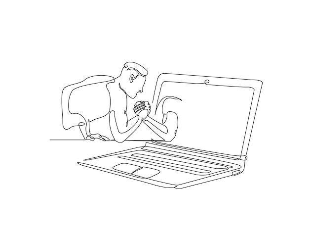 Kontinuierliche Ein-Linien-Zeichnung eines Mannes, der mit der Hand aus dem Laptop kämpft