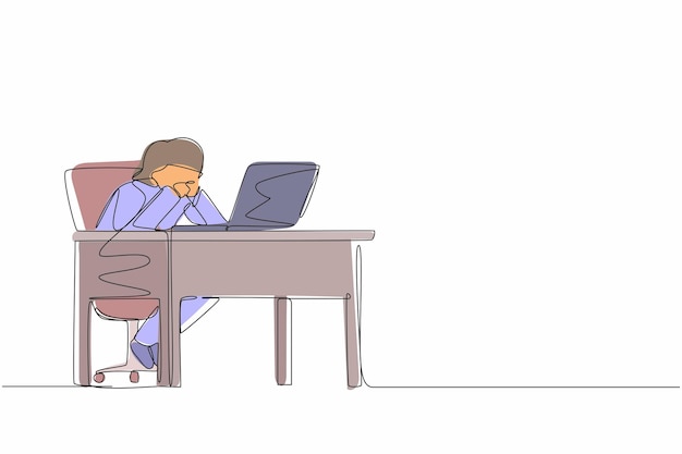 Kontinuierliche Ein-Linien-Zeichnung Geschäftsfrau arbeitet am Laptop Arbeit zu Hause Büro Design Vektor