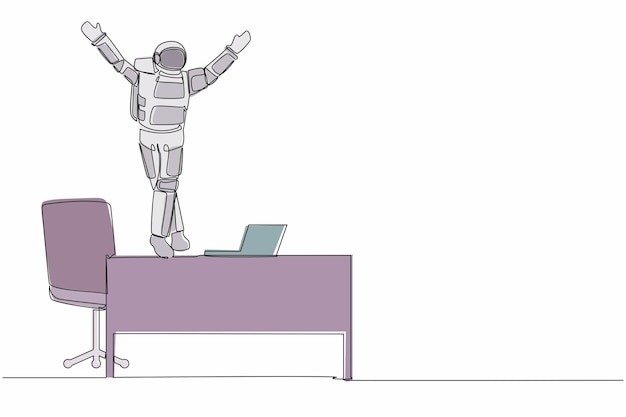 Kontinuierliche Ein-Linien-Zeichnung glücklicher junger Astronaut tanzt auf dem Schreibtisch Design Vektor-Illustration