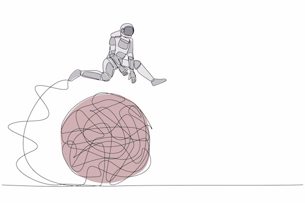 Kontinuierliche Ein-Linien-Zeichnung junger Astronaut springt über die unordentliche Linie im Mondoberflächen-Design-Vektor