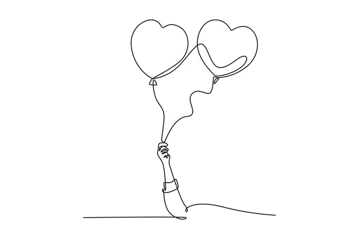Vektor kontinuierliche ein-linien-zeichnung junges glückliches schönes mädchen hält ein paar süßes herzförmiges ballon fest romantisches hochzeits-einladungskarten-konzept ein-linien-zeichnung-design vektor-grafik-illustration