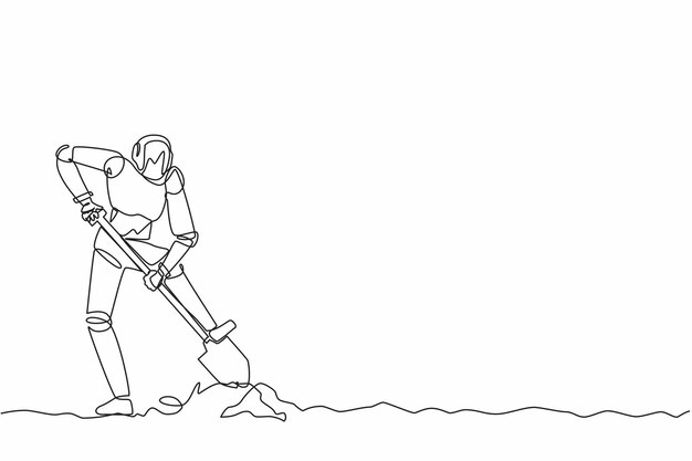 Kontinuierliche Ein-Linien-Zeichnung Roboter tritt auf eine Schaufel und gräbt, um eine Schatzkiste zu finden Illustration