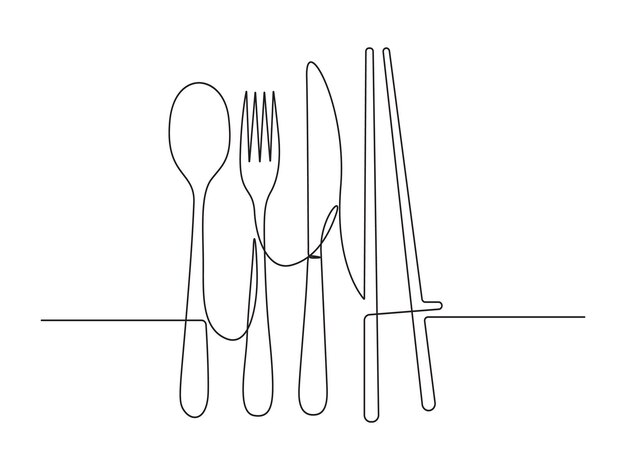 Vektor kontinuierliche einseitige zeichnung von küchenutensilien, besteck und essstäbchen vektorillustration