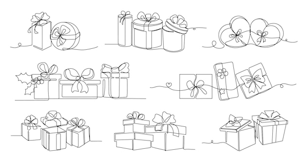 Vektor kontinuierliche einzeilige geschenke geschenkkisten weihnachtsfeiertage und geburtstagsgeschenke einzelschlagvektor