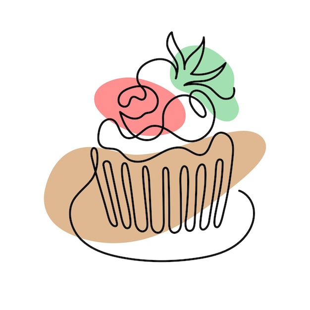 Kontinuierliche einzeilige torte mit beeren. handgezeichnetes logo. café- und bäckereikonzept. vektorillustration lokalisiert auf weißem hintergrund.