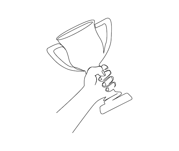 Kontinuierliche einzeilige zeichnung der hand, die den trophäenpreis hält. gewinner der handgezeichneten vektorillustration der trophäe