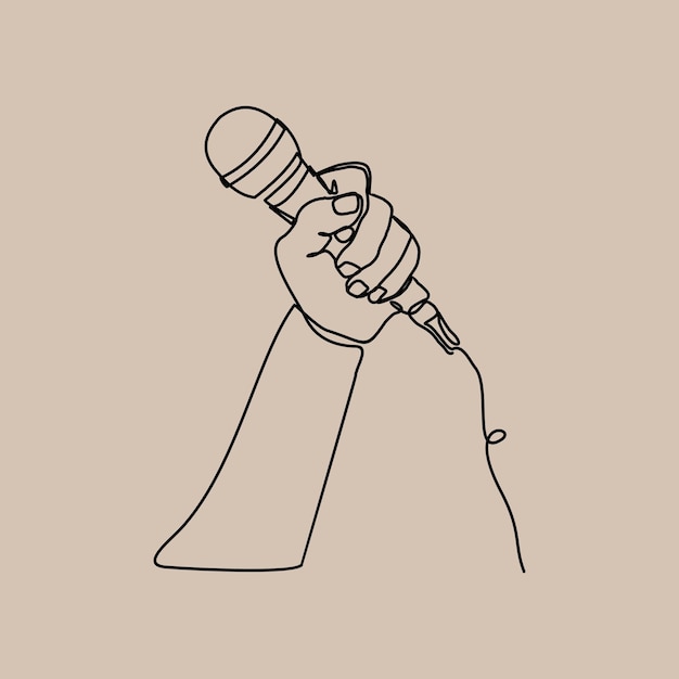 Kontinuierliche einzeilige Zeichnung der Hand, die Mikrofonvektorillustration hält