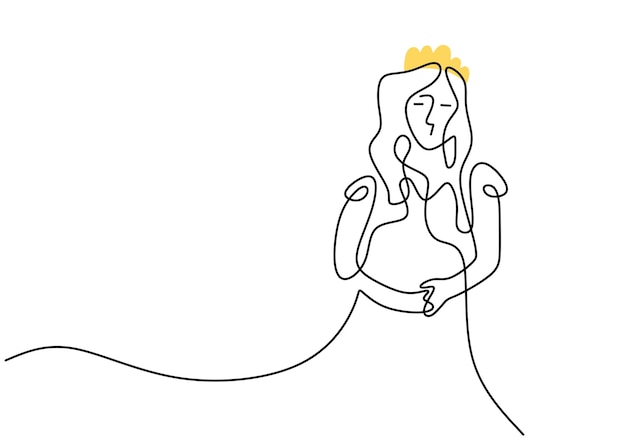 Kontinuierliche einzeilige zeichnung der schönen prinzessin mit kleid, während sie in eleganter pose isoliert auf weißem hintergrund steht konzept der magischen königin im minimalistischen, handgezeichneten design des königreichs