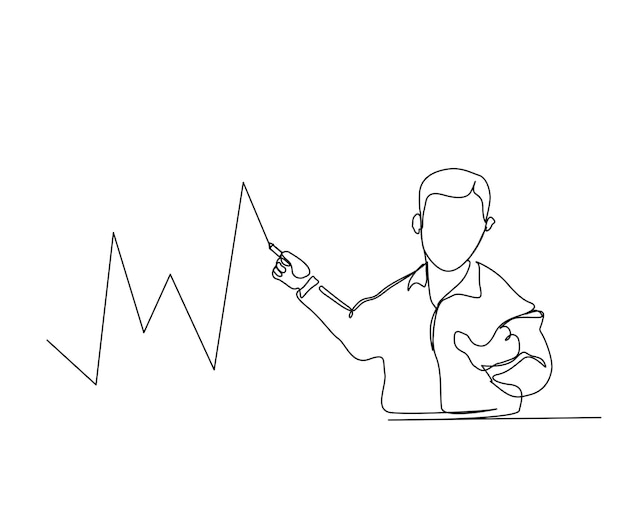 Kontinuierliche einzeilige zeichnung des geschäftsmannes, der diagrammdiagramm zeichnet geschäftsstatistikpräsentationslinie kunstvektorillustration