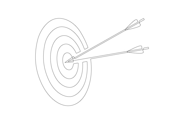 Kontinuierliche einzeilige Zeichnung des Ziels mit zwei Pfeilen, die in die Mitte der Dartscheibe getroffen werden. Erfolg erreichen Konzept und Ziel auf Bullseye in einem einfachen linearen Stil. Bearbeitbarer Strich. Doodle-Vektor-Illustration.
