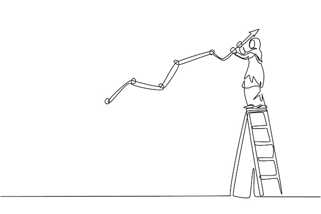 Vektor kontinuierliche einzeilige zeichnung einer jungen arabischen arbeiterin klettert die leiter hinauf, um ein diagramm zur umsatzsteigerung zu zeichnen