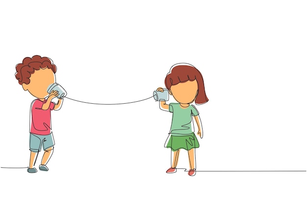 Vektor kontinuierliche einzeilige zeichnung junge und mädchen spielen spielzeugtelefon zwei freunde spielen im telefon mit selbstgebautem sprachübertragungsgerät kinder haben spaß beim sprechen einzeilige design-vektorgrafik-illustration