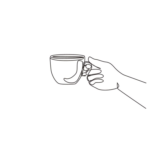 Kontinuierliche einzeilige Zeichnung mit der Hand, die einen heißen Kaffebecher mit Dampf trinkt, Geschäftsmann-Vektor.
