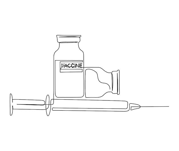 Kontinuierliche einzeilige zeichnung von medizinischer spritze und durchstechflasche einfache illustration der vektorgrafik von impfstoff- und injektionsspritzen