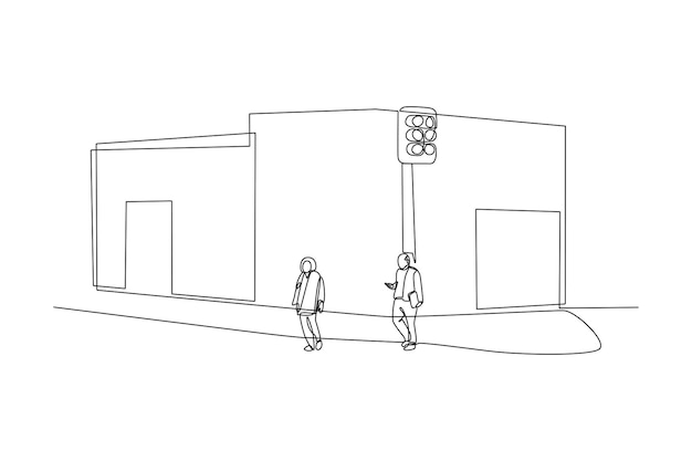 Kontinuierliche einzeilige zeichnung von menschen, die entlang der stadtstraße gehen. stadtpanorama mit fußgängern, radfahrern, gebäuden, bäumen und straßen. horizontales stadtbildkonzept. doodle-vektorillustration
