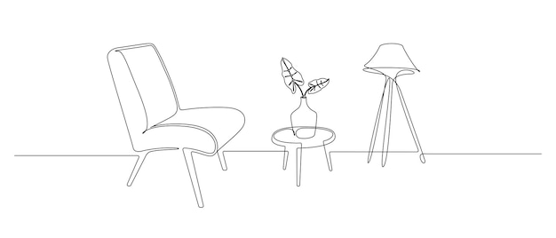 Kontinuierliche einzeilige zeichnung von sessel und tisch mit vase und stehlampe loft stilvolle möbel für wohnzimmer oder hotelkonzept in einfachem linearem stil doodle-vektorillustration