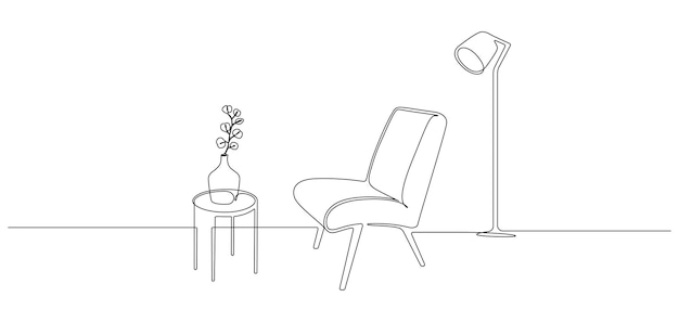 Vektor kontinuierliche einzeilige zeichnung von sessel und tisch mit vase und stehlampe skandinavische stilvolle möbel für wohnzimmer oder hotelkonzept in einfachem linearem stil doodle-vektorillustration