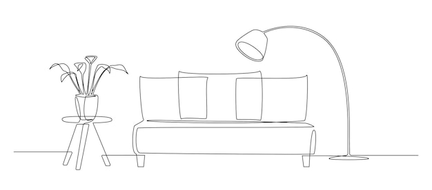 Kontinuierliche einzeilige zeichnung von sofa und stehlampe und tisch mit pflanze. wohnzimmerinnenraum in der dachbodenwohnung moderne möbel im schlichten linearen stil. doodle-vektor-illustration
