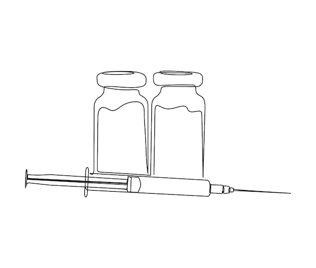 Kontinuierliche einzeilige zeichnung von spritze und fläschchen einfache illustration der vektorgrafik von impfstoff- und injektionsspritzenlinien