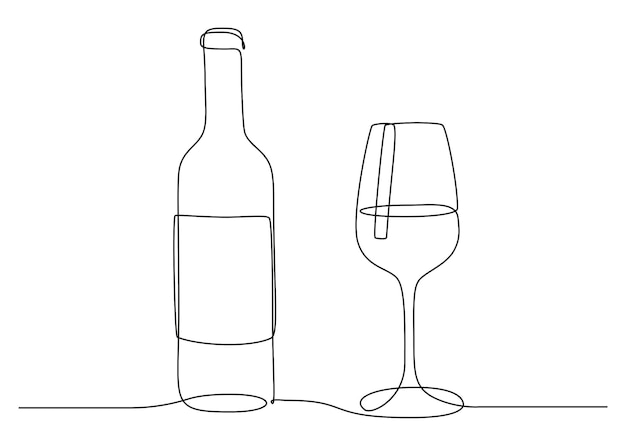 Kontinuierliche einzeilige zeichnung von weinglas und flasche. trinken sie in einer tasse im linearen stil. bearbeitbarer strich. schwarz-weiß-vektor-illustration für restaurant- und barmenü