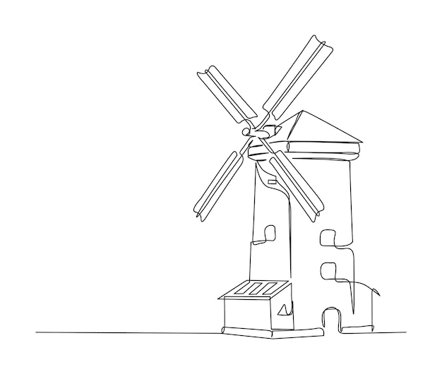 Vektor kontinuierliche einzeilige zeichnung von windkraftanlagen, öko-energie, einfache windkraftanlagen und solarpanel-umrissvektorillustration