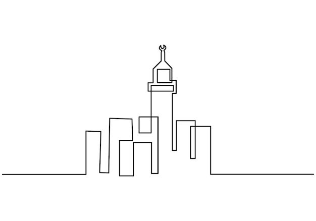 Kontinuierliche Linie des Raffles Mekka-Palast Eine einzelne Linie des großen Turms in Mekka isoliert auf weißem Hintergrund