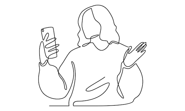 Kontinuierliche Linie einer Frau schaut in ihre Smartphone-Illustration