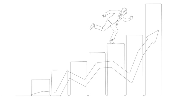 kontinuierliche Linienzeichnung des männlichen Geschäftsmannes, der auf dem steigenden Diagramm steht