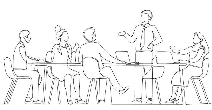 Vektor kontinuierliche linienzeichnung einer gruppe von geschäftsleuten, die im konferenzraum diskutieren.