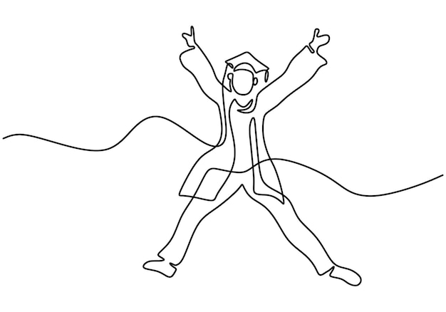 Kontinuierliche linienzeichnung eines jungen, glücklichen männlichen studenten, der springt, um sein abschlussprüfungsergebnis zu feiern, handgezeichnetes kunst-minimalismus-design, campus-life-education-konzept, vektorgrafik