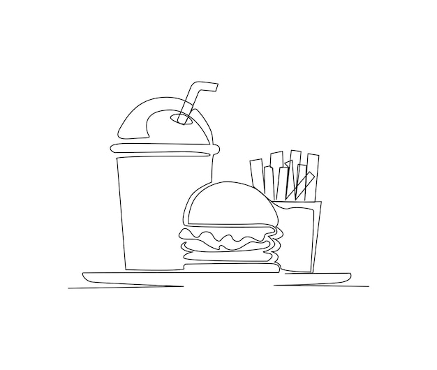 Kontinuierliche linienzeichnung von hand hamburger pommes frites und getränkevektorillustration junk food einzeiliger handgezeichneter minimalismus-stil