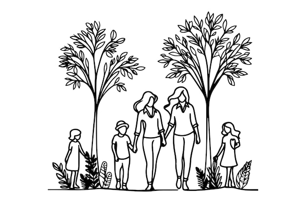 Vektor kontinuierliche schwarze zeichnung silhouetten einer glücklichen familie, die sich die hände hält, mit baumvektor