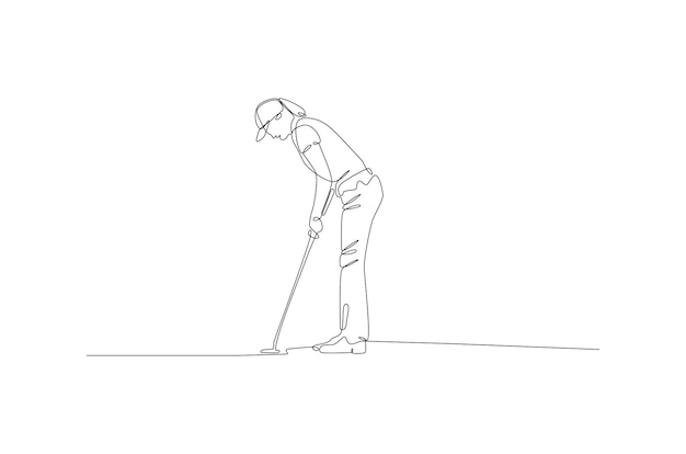 Kontinuierliche strichzeichnung der golferin nimmt eine swing-vektor-illustration premium-vektor