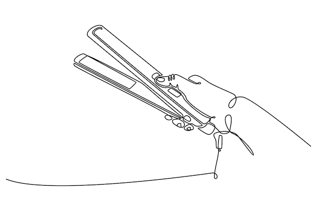 Kontinuierliche strichzeichnung einer hand, die eine friseurwerkzeug-vektorillustration hält