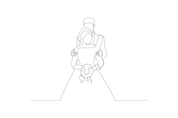 Kontinuierliche strichzeichnung einer romantischen pose der hochzeitspaar-vektorillustration premium-vektor