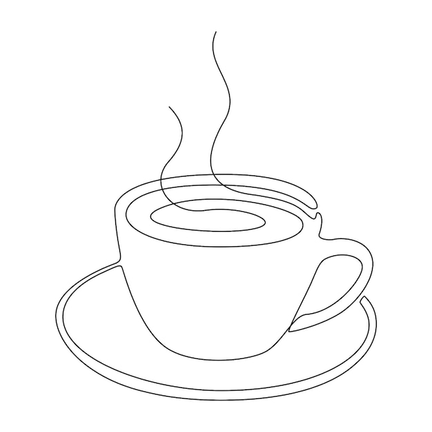 Kontinuierliche strichzeichnung einer tasse kaffee oder tee. kontur des heißgetränks mit rauch lokalisiert auf weißem hintergrund. abstrakte vektorillustration