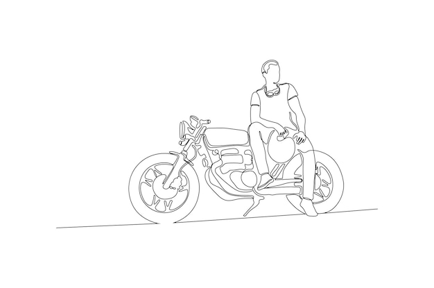 Kontinuierliche strichzeichnung eines stilvollen mannes mit seiner motorradvektorillustration premium-vektor