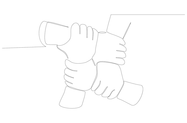 Kontinuierliche Strichzeichnung von vier Händen bilden einen starken Knoten der Zusammengehörigkeit Premium Vector