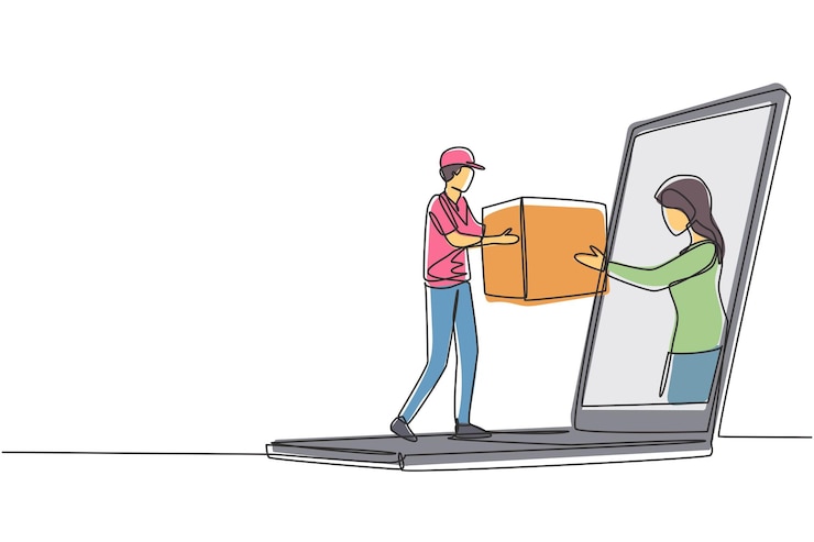 Vektor kontinuierliche zeichnung einer zeile weibliche kundin erhält ein verpacktes paket online-lieferdienstkonzept