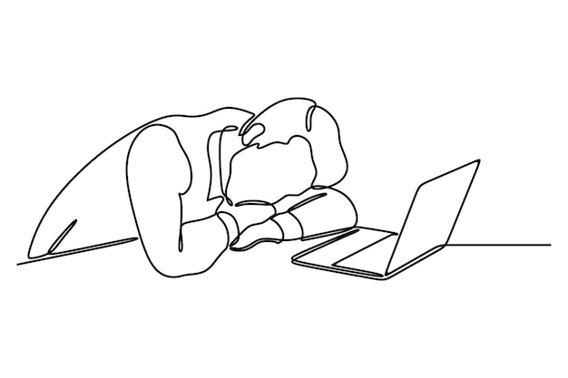 Vektor kontinuierliche zeichnung eines gestressten mannes, der beim schlafen am tisch sitzt
