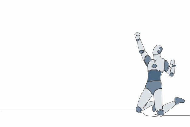Kontinuierliche Zeichnung eines glücklichen Robots, der mit einer Hand hoch und der anderen hoch knien wird