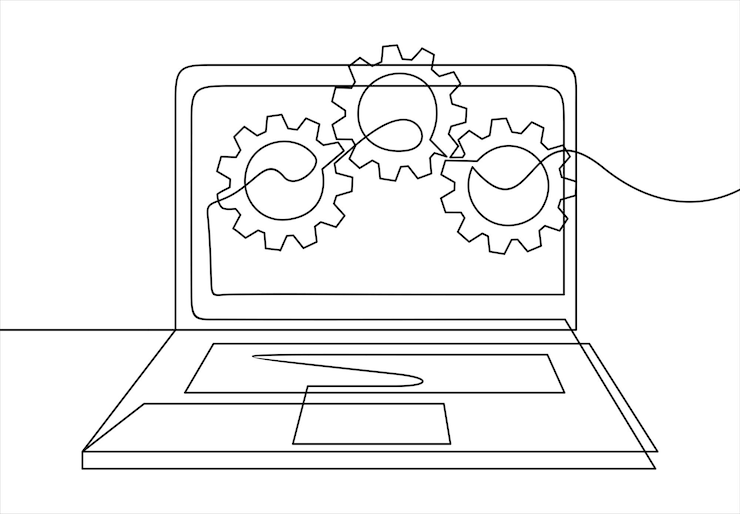 Vektor kontinuierliche zeichnung von laptop und zahnrädern in einer einzigen zeile