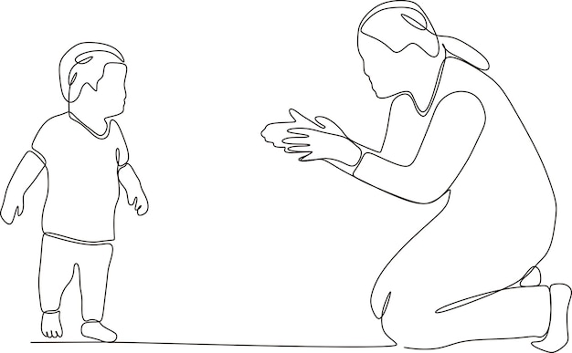 kontinuierliche Zeile einer Mutter, die mit ihrem Kind außerhalb des Hauses spielt