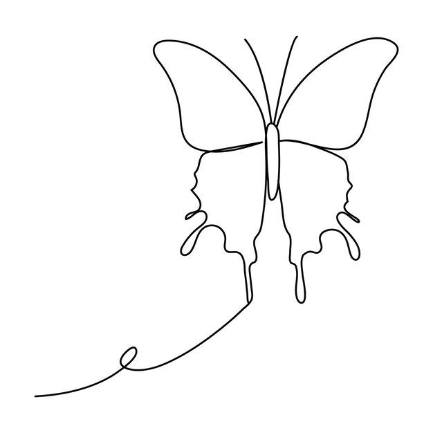 Kontinuierlicher einseitiger schmetterlingsumrissvektor, isoliert auf weißem hintergrund vektorillustration