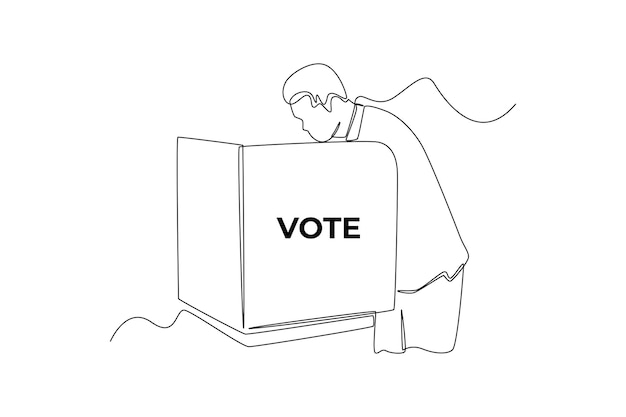 Kontinuierlicher einzeiliger mann, der seine stimmzettel in der wahlkabine für allgemeine regional- oder präsidentschaftswahlen abgibt abstimmungskonzept vektorgrafik-illustration für einzeiliges zeichnen