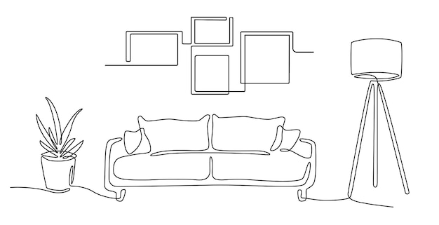 Kontinuierlicher Linieninnenraum mit Sofa-Pflanzenlampe und Rahmen für Foto Ein Strichzeichnung editierbarer Strich